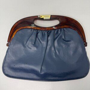 Vintage 50s Navy Leather Top Handle Bag Tortoise Lucite Handle Lock MCM